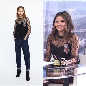 NWT Zara Sheer Lace Lined Crystal Embellished Velvet Tie Blouse